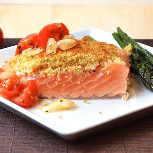 Breaded Salmon topped with a Tomato Onion Mixture Feed Your Soul Too