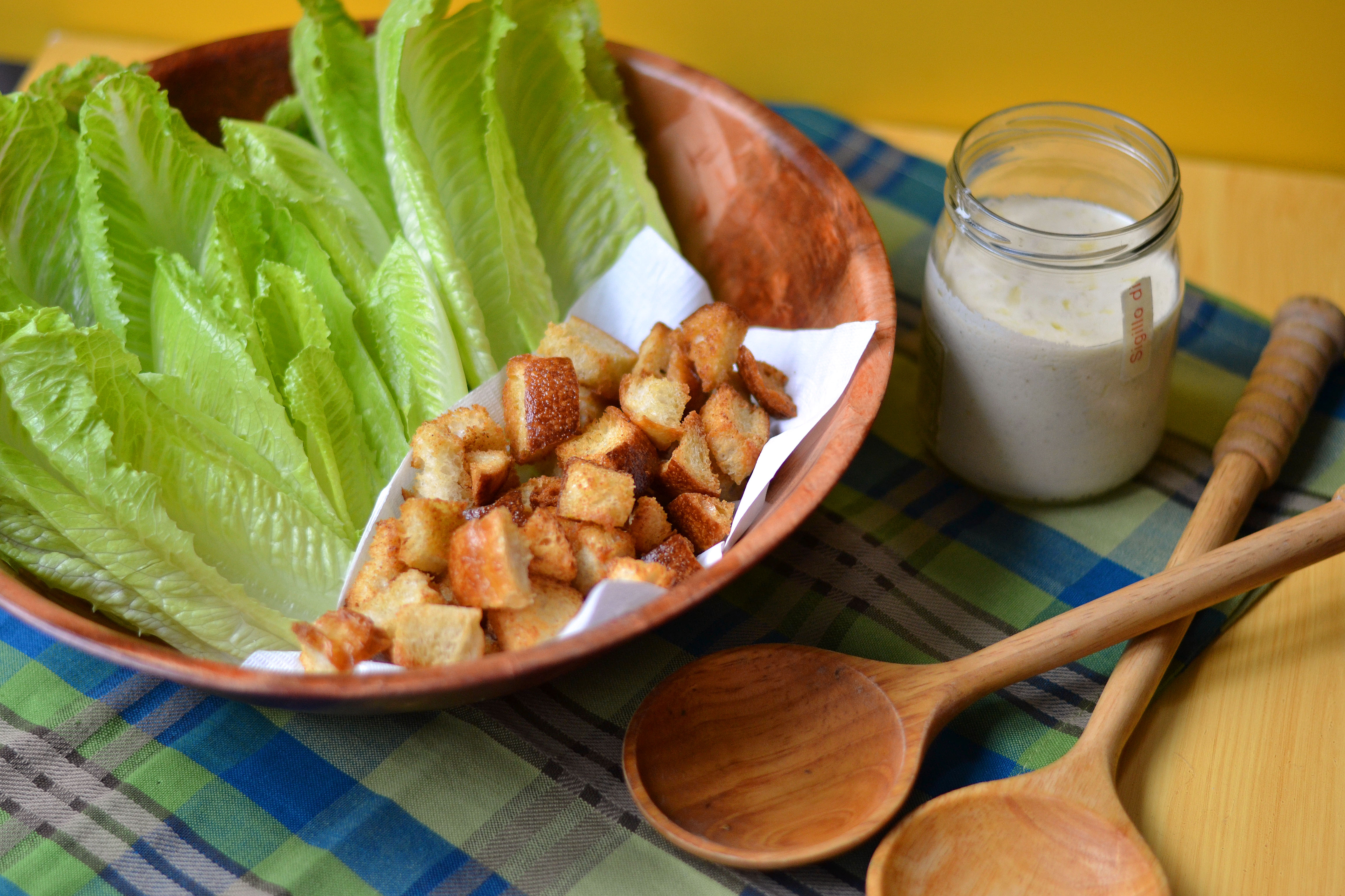 Deconstructed Caesar Salad Garlic Croutons & Greek Yogurt Caesar