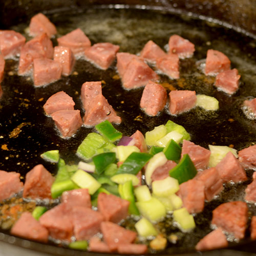 Salami Peppers and Celery in Skillet