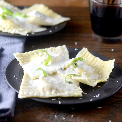Ravioli with a Basil Cream Sauce from Feed Your Soul Too