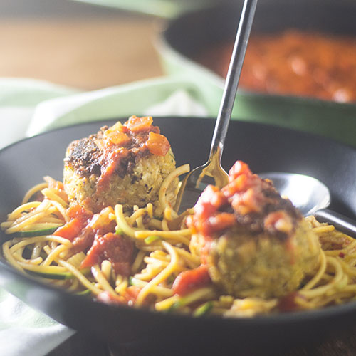 Vegan Meatballs over Gluten Free Pasta Marinara from Feed Your Soul Too
