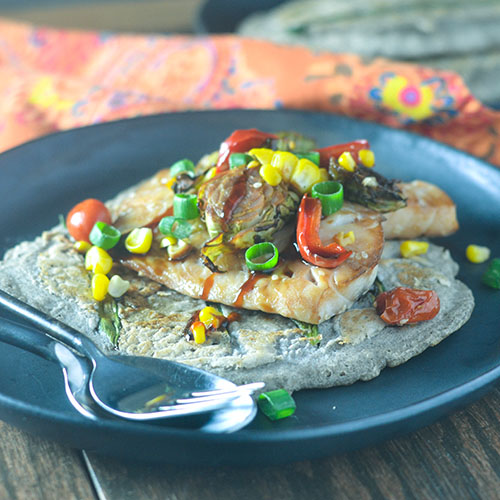 Asian Sea Bass over Savory Pancakes from Feed Your Soul Too