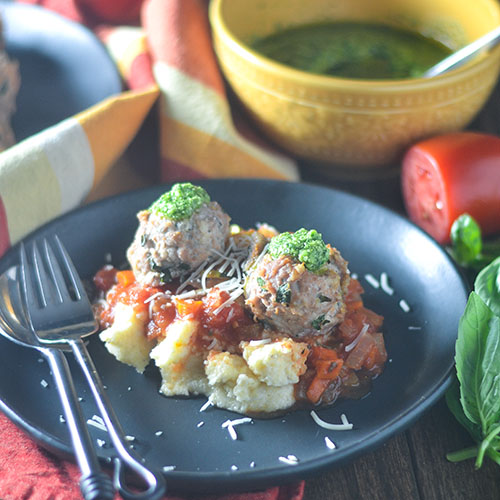 Italian Turkey Meatballs over Cheese Polenta from Feed Your Soul Too