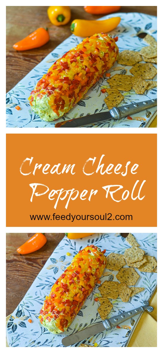 Cream Cheese Pepper Log l #appetizer #creamcheese #peppers  #glutenfree | feedyoursoul2.com
