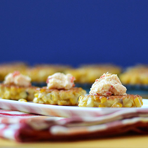 corn-fritter-topped-with-pimento-cheese Corn fritter, pimento cheese, fritter, appetizer, corn, cheese, Jarlsburg, cream cheese, mayonnaise, pimentos, salt, pepper