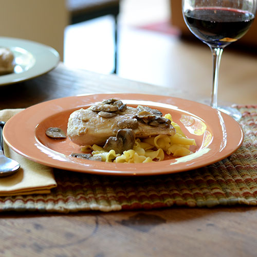 Chicken-Marsala chicken, salt, pepper, all-purpose flour, olive oil, mushrooms, marsala, chicken broth, lemon juice, pasta, Italian