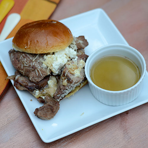 Lamb-Philly-Cheesesteak-parmesan-feta-skillet-baking-bun=au jus Lamb Philly Cheesesteak, parmesan, feta, skillet, baking, bun, au jus