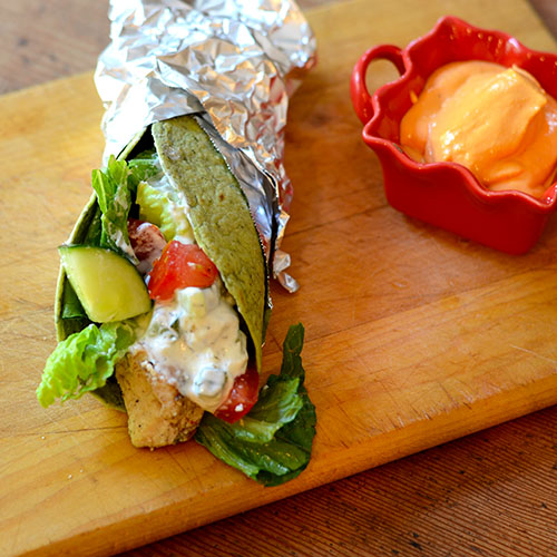 Greek-Chicken-Wrap Greek, sandwich, wrap, chicken, yogurt, fat-free, sauce, vegetables