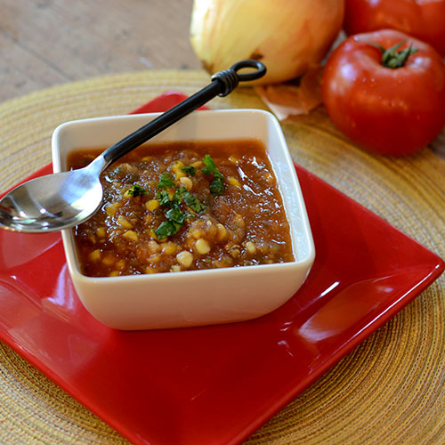Smoked-Tomato-and-Corn-Soup Smoked Tomato and Corn Soup, tomatoes, corn, jalapeno, onions, herbs, spices