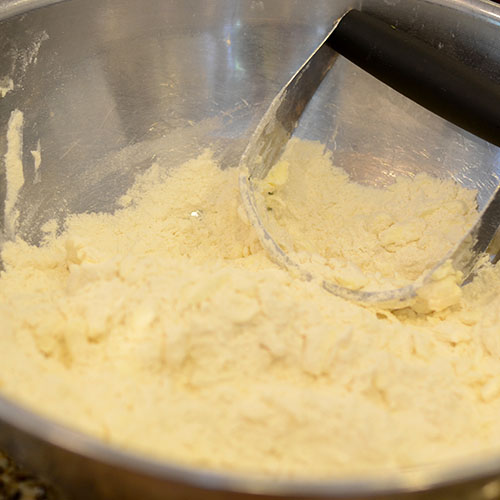 Butter-cut-in flour, salt, baking soda, baking powder, butter