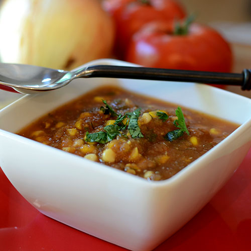 Smoked-tomato-corn-soup Smoked Tomato and Corn Soup, tomatoes, corn, jalapeno, onions, herbs, spices