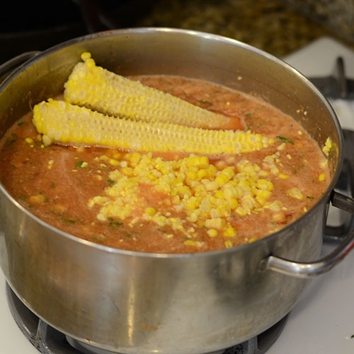 Corn-cobs- soup-boiling-simmering-herbs Corn, cobs, soup, tomatoes, boiling, simmering