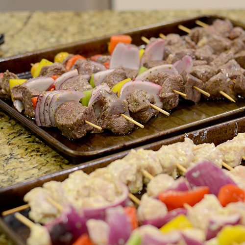 Greek-lamb-kabobs-pre-grill Greek Lamb Kabobs, lamb, peppers, onions, lemon, olive oil, tomatoes, kabobs, grilling