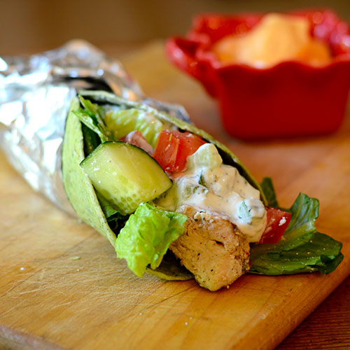 Greek-Chicken-Wrap Greek, sandwich, wrap, chicken, yogurt, fat-free, sauce, vegetables