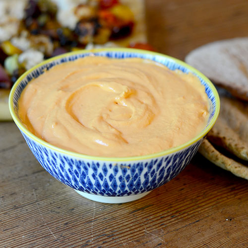 Roasted-Garlic-Tyrokavteri roasted red peppers, fat-free, greek yogurt, cream cheese, oregano, spices, lemon juice, olive oil