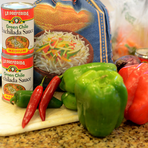 Ingredients ingredients, rice, mexican, peppers, onions, enchilada sauce, tomatoes, toasting