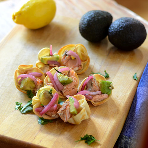 Salmon-Won-Ton-Wraps won tons, salmon, Old Bay, onions, pickling, avocados, appetizer