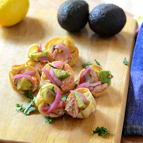 Salmon-Won-Ton-Wraps won tons, salmon, Old Bay, onions, pickling, avocados, appetizer
