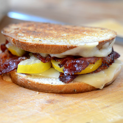 Facon-Grilled-Cheese-Sandwich Ingredients, facon, rye bread, muenster cheese, tomato, lunch, sandwich, grilled cheese