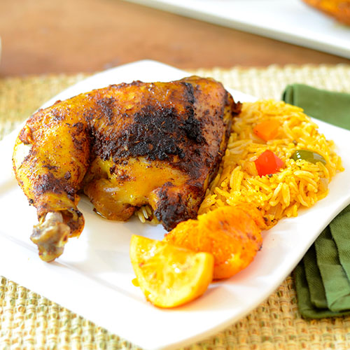 Mexican-Citrus-Chicken canola oil, orange juice, achiote, cumin, garlic, adobo, oregano, cayenne, red pepper flakes, lemon juice, chicken, peppers, oranges, lemons