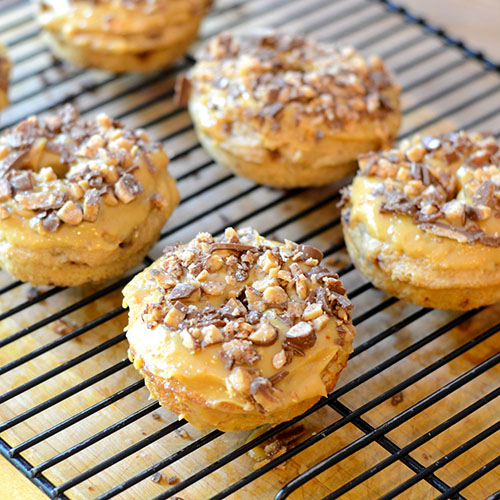Banana-Heath-Bar-Donut donut, banana, heath bar, toffee, flour, cinnamon, salt, baking powder, dulce de leche, buttermilk, vanilla