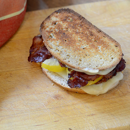 Facon-Grilled-Cheese-Sandwich Ingredients, facon, rye bread, muenster cheese, tomato, lunch, sandwich, grilled cheese