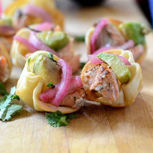 Salmon-Won-Ton-Wraps won tons, salmon, Old Bay, onions, pickling, avocados, appetizer