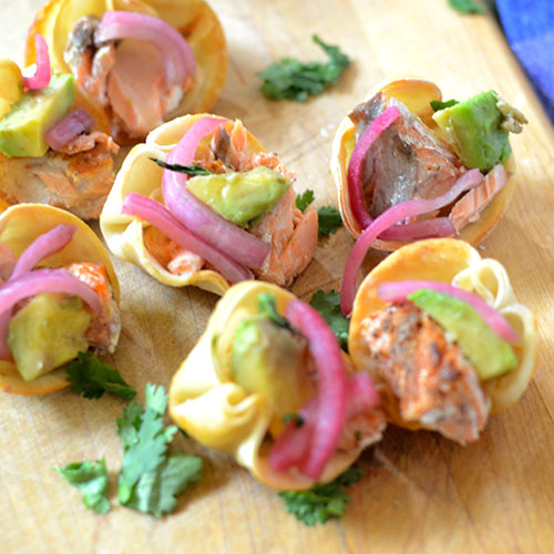 Salmon-Won-Ton-Wraps won tons, salmon, Old Bay, onions, pickling, avocados, appetizer
