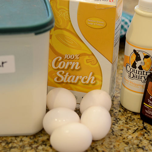 custard-ingredients Custard ingredients, eggs, corn starch, sugar, whipping cream, vanilla