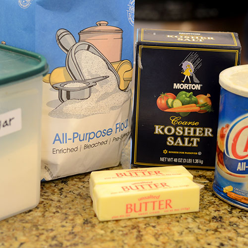 Dough-INgredients Dough, ingredients, flour, salt, crisco, butter, sugar