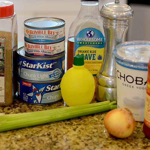 Yogurt-Sriracha-Tuna-Salad tuna, Greek yogurt, lemon juice, agave, celery salt, pepper, sriracha, onion, celery