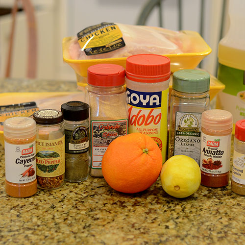 Ingredients Ingredients, canola oil, orange juice, achiote, cumin, garlic, adobo, oregano, cayenne, red pepper flakes, lemon juice, chicken, peppers, oranges, lemons