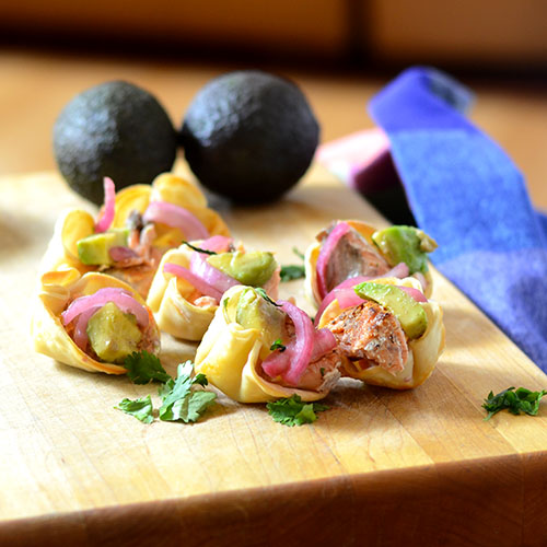 Salmon-Won-Ton-Wraps won tons, salmon, Old Bay, onions, pickling, avocados, appetizer