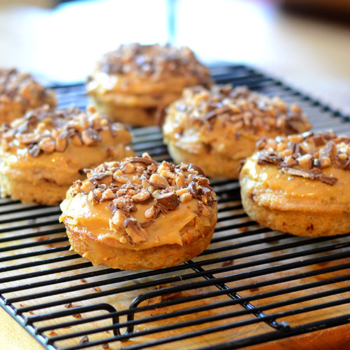 Banana-Heath-Bar-Donut donut, banana, heath bar, toffee, flour, cinnamon, salt, baking powder, dulce de leche, buttermilk, vanilla