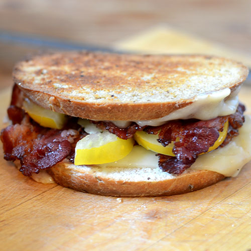 Facon-Grilled-Cheese-Sandwich Ingredients, facon, rye bread, muenster cheese, tomato, lunch, sandwich, grilled cheese