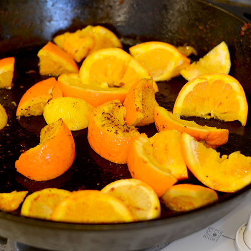 orange-&-lemon-rinds-added-to-skillet Oranges and lemons in skillet