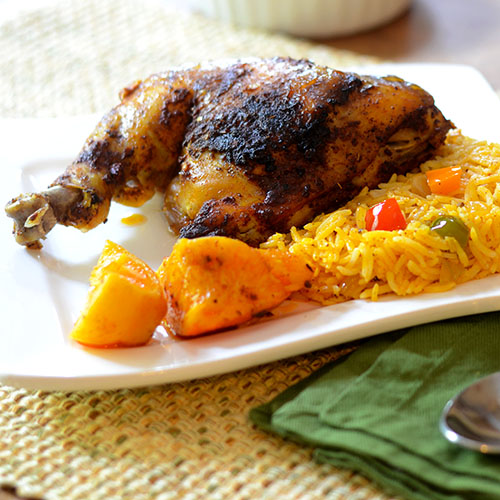 Mexican-Citrus-Chicken canola oil, orange juice, achiote, cumin, garlic, adobo, oregano, cayenne, red pepper flakes, lemon juice, chicken, peppers, oranges, lemons