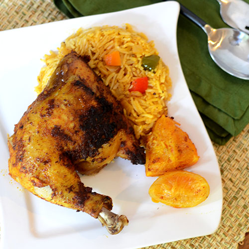 Mexican-citrus-chicken canola oil, orange juice, achiote, cumin, garlic, adobo, oregano, cayenne, red pepper flakes, lemon juice, chicken, peppers, oranges, lemons