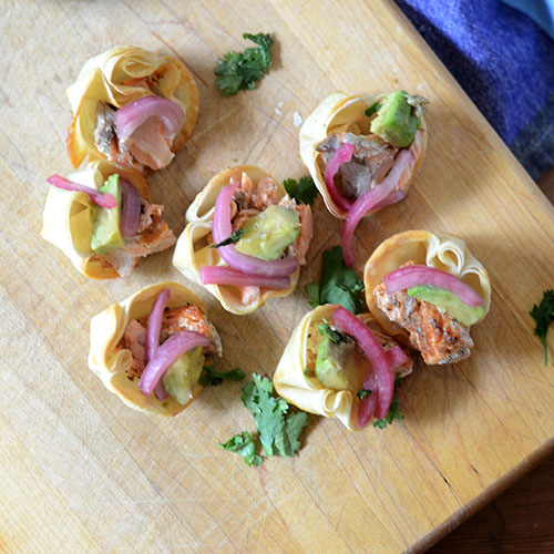 Salmon-Won-Ton-Wraps won tons, salmon, Old Bay, onions, pickling, avocados, appetizer