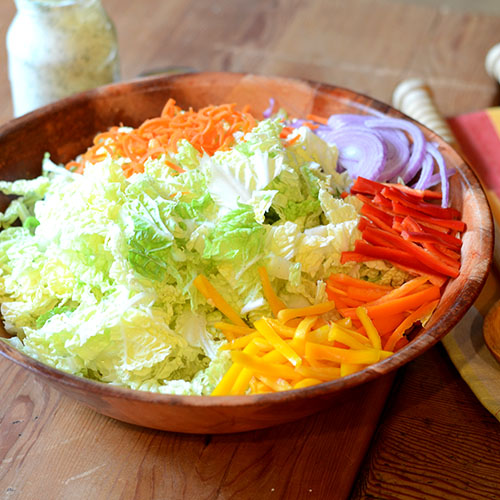 Creamy-Cumin-dill-Coleslaw napa cabbage, carrots, red onion, sweet peppers, cumin, dill, fat-free yogurt, mayonnaise, celery salt, lime pepper