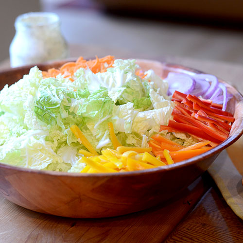 Creamy-Cumin-dill-Coleslaw napa cabbage, carrots, red onion, sweet peppers, cumin, dill, fat-free yogurt, mayonnaise, celery salt, lime pepper