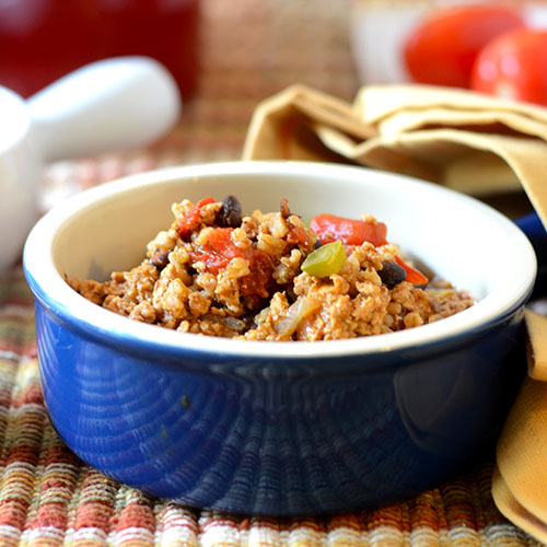 Ancho-Turkey-Chili ancho turkey chili, ground turkey, farro, stock, red onion, salt, peppers, fire roasted tomatoes, Mexican chili powder, olive oil