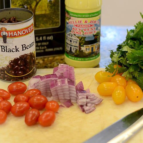 ingredients Ingredients, black beans, corn, salsa, cilantro, lime juice, red onions, tomatoes, olive oil