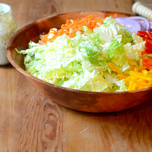 Creamy-Cumin-dill-Coleslaw napa cabbage, carrots, red onion, sweet peppers, cumin, dill, fat-free yogurt, mayonnaise, celery salt, lime pepper