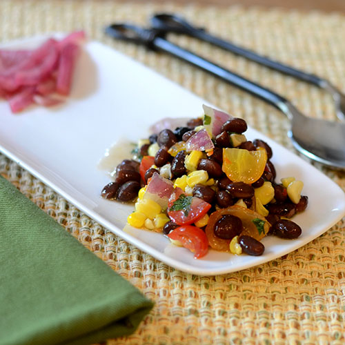 black-bean-corn-salsa-plated Plated, black beans, corn, salsa, cilantro, lime juice, red onions, tomatoes, olive oil