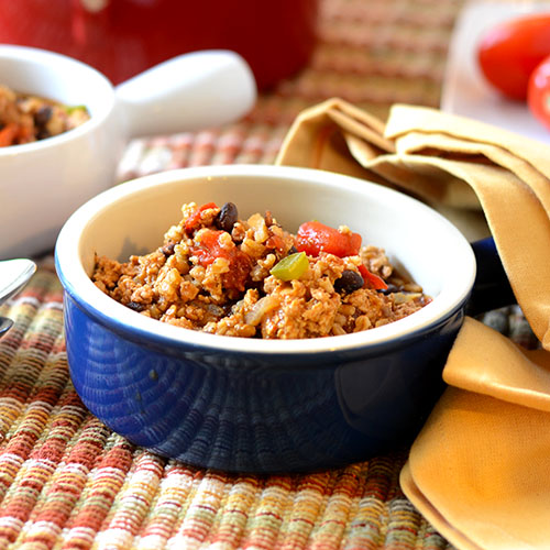 Ancho-Turkey-Chili ancho turkey chili, ground turkey, farro, stock, red onion, salt, peppers, fire roasted tomatoes, Mexican chili powder, olive oil