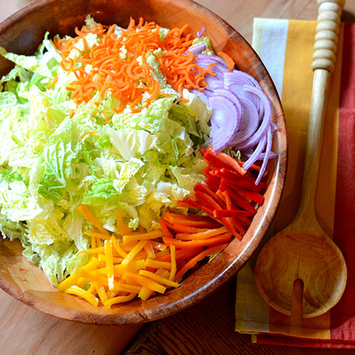 Creamy-Cumin-dill-Coleslaw napa cabbage, carrots, red onion, sweet peppers, cumin, dill, fat-free yogurt, mayonnaise, celery salt, lime pepper