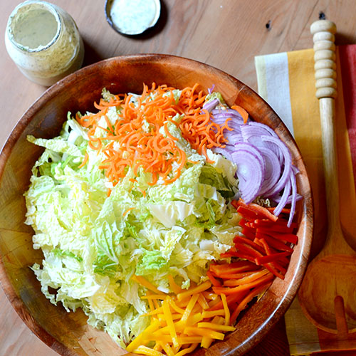 Creamy-Cumin-dill-Coleslaw napa cabbage, carrots, red onion, sweet peppers, cumin, dill, fat-free yogurt, mayonnaise, celery salt, lime pepper