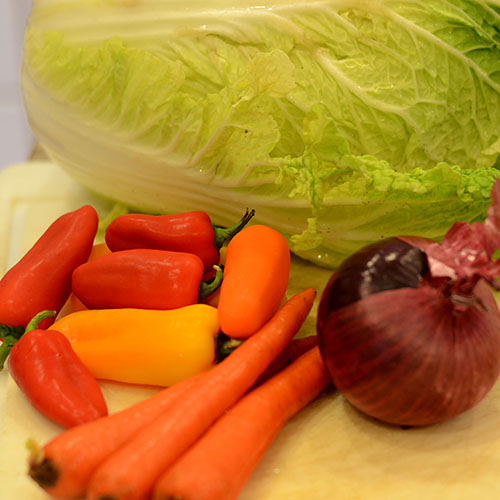 ingredients ingredients, napa cabbage, red onion, carrots, sweet peppers