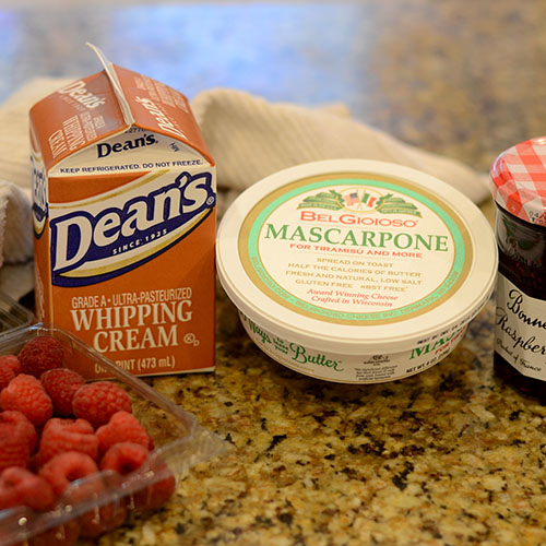 ingredients ingredients, marscapone, whipped cream, raspberries, raspberry jam